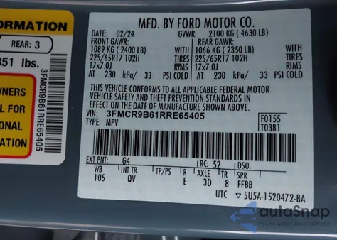 2024 Ford Bronco Sport Big Bend из США, поврежденный, VIN 3FMCR9B61RRE65405